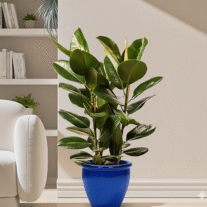Ficus Elastica "Abidjan" or Rubber Plant (Holland) 80 - 100cm Rolled Rim Blue Pot (Clay Stones)