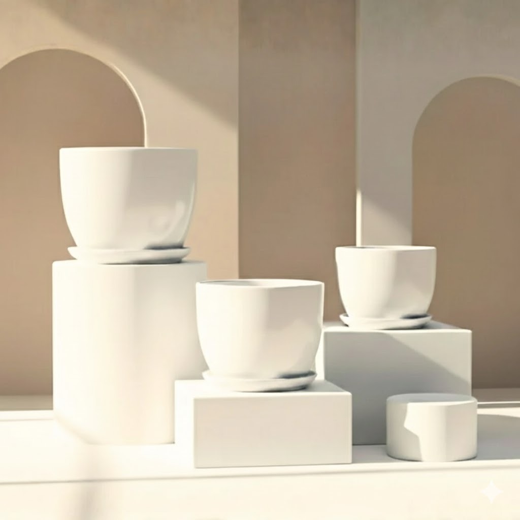 Indoor White Ceramic Pot with attached Saucer Set of all 3