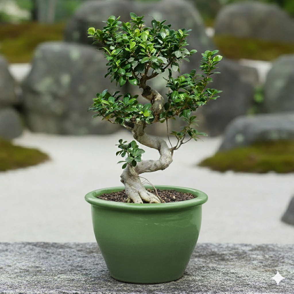 Ficus "S" Bonsai 50 - 70cm Rolled Rim Green Pot